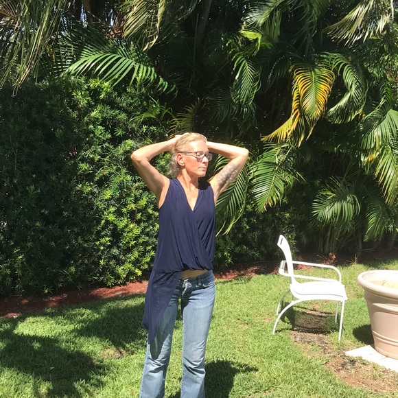 Bebe Dark Blue Sleeveless Asymmetrical Blouse - Picture 3 of 4